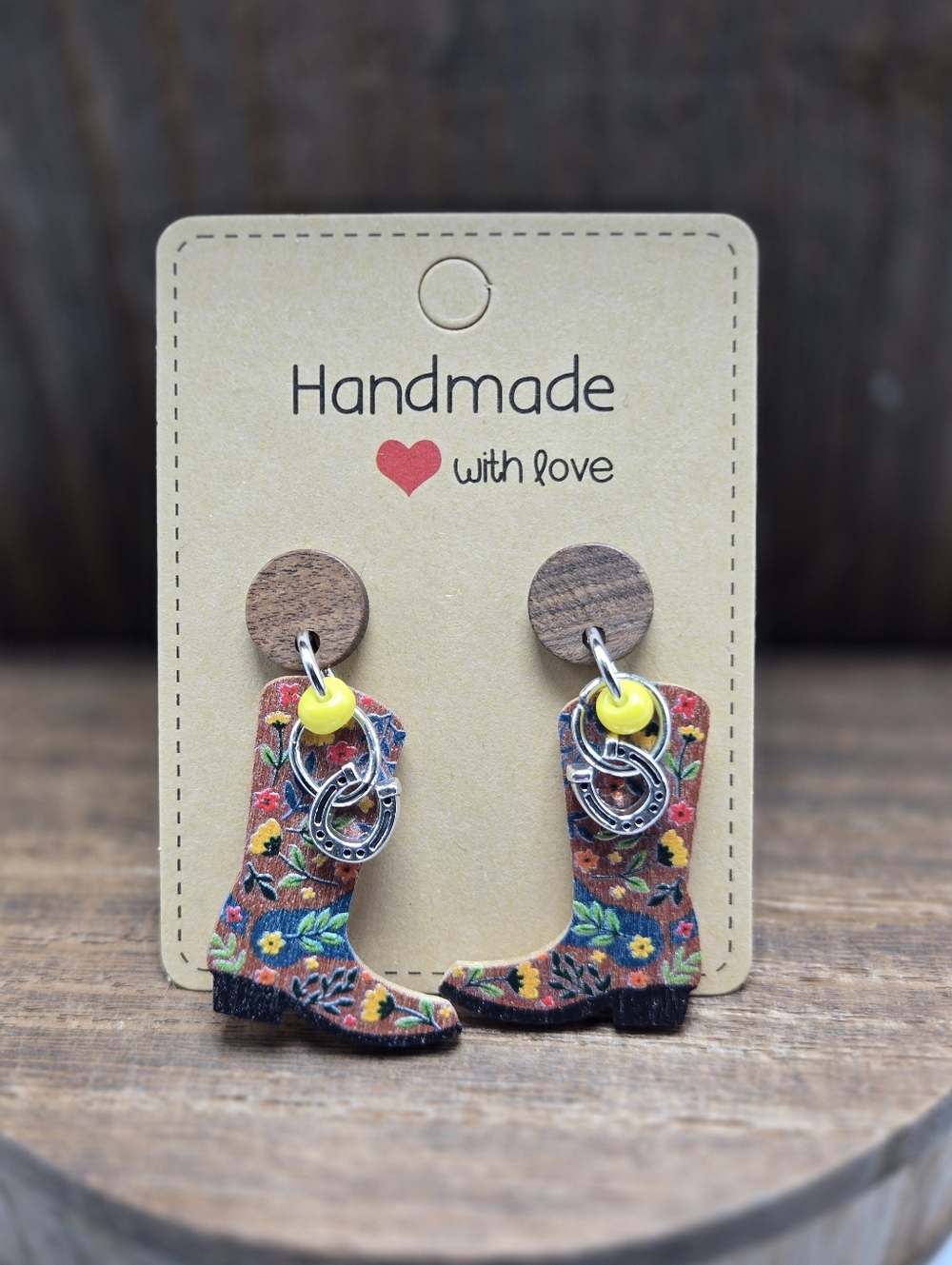 NWT Floral Cowgirl Boots Earrings Cowboy Western Country Girl Wood Dangle Drop